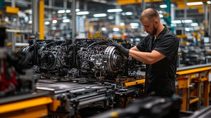 A Factory Worker Assembling Automobile Engines on a Production Line