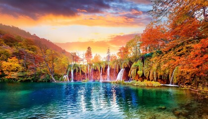 Colorful aututmn landscape with waterfalls in Plitvice National Park, Croatia. Stunning colorful autumn landscape with spectacular lake and waterfalls in Plitvice lakes National Park, Croatia, Europe