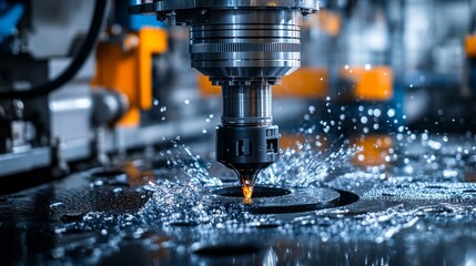 Industrial Drill Bit Cutting Through Metal with Water Spray