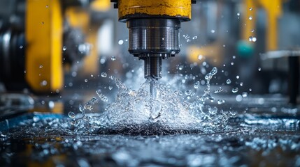 Close-up of a drill bit piercing through water during a manufacturing process