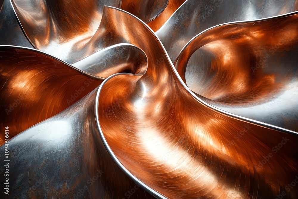 Poster abstract metallic shapes intertwining, showcasing a blend of copper and silver textures.
