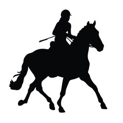 Naklejka premium A woman is riding a horse. The horse is black. The woman is wearing a helmet