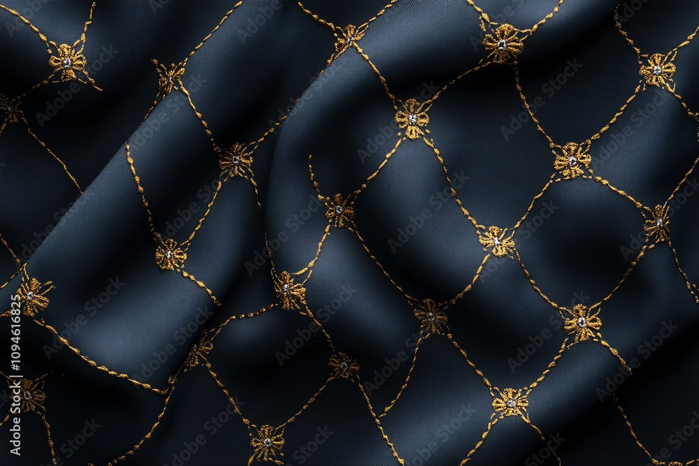Poster elegant dark fabric with intricate golden embroidery in a diamond pattern.