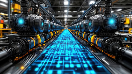 Fototapeta premium Advanced industrial assembly line with digital technology and robotics in a modern manufacturing facility. Generative AI