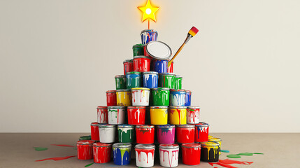 Wine cork Christmas tree among multi colored paint cans, paintbrushes, Christmas balls and tinsel