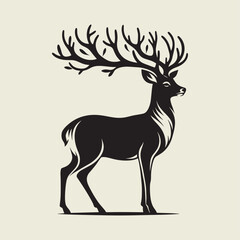A drawing of a deer with antlers. Deer Silhouette with a beige background.