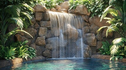 Naklejka premium Tranquil waterfall cascading into a pool surrounded by lush foliage.