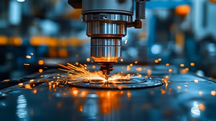 Close-up of a CNC Machine Cutting Metal with Sparks Flying