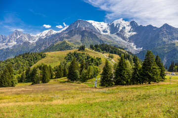 Tour du Mont Blanc beautiful landscapes in the Alps mountains on a sunny summer day. Green grass on the alpine meadow surronded by high mountain peaks of Montbalnc alpine range