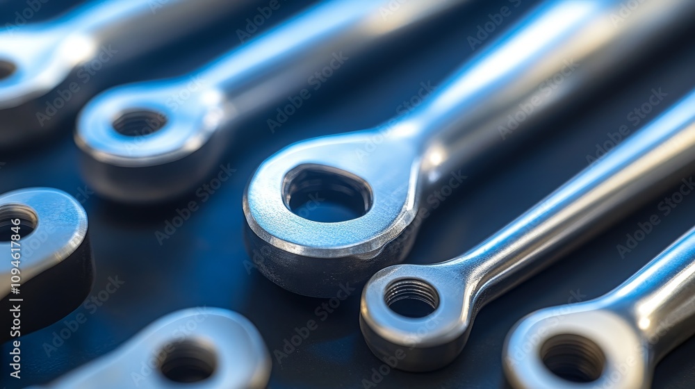 Poster close-up of chrome-plated wrenches with a shallow depth of field