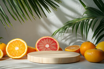 Wooden platform with citrus fruits and palm leaves, ideal for product display.