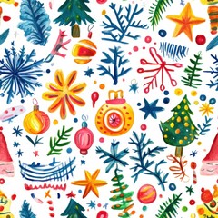 Abstract seamless pattern Christmas watercolor big colorful doodles 