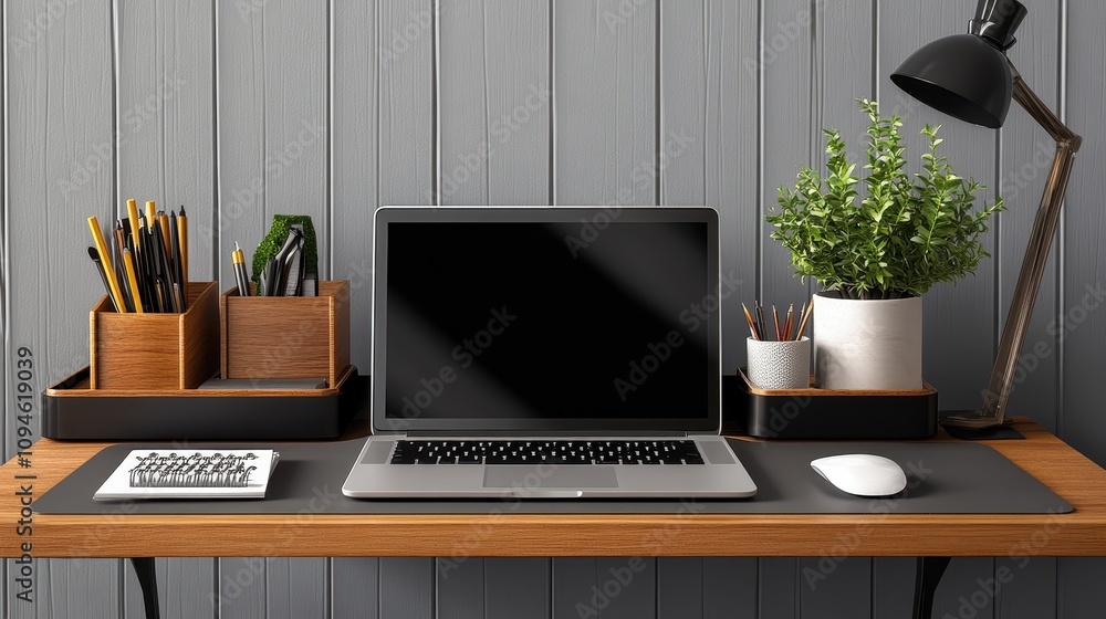 Poster a laptop sits on a desk with a mouse and a keyboard