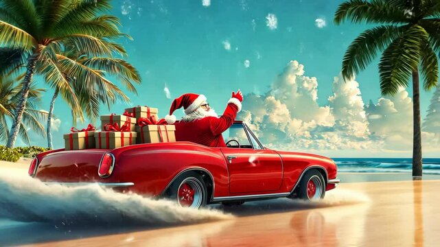 Santa driving red classic car on beach with Christmas gifts in sunny tropical paradise