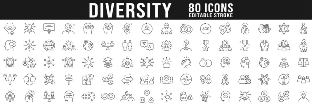 Diversity line icon pictogram big set. Variety, equality, acceptance, difference etc. Editable stroke