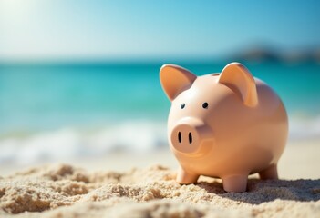 Piggy bank resting on sandy beach under clear blue sky with ocean waves in the background during bright sunny day, reflecting a playful, summery vibe, encouraging saving