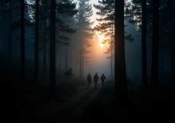 Sunset hike through a misty forest setting with two individuals on a tranquil trail