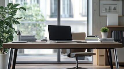 Fototapeta premium A desk with a laptop and a potted plant