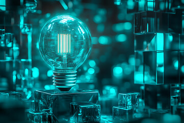 Illuminating Innovation: A Glowing Digital Lightbulb in a Futuristic Technological Setting