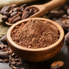Cocoa powder in a bowl and cocoa beans in a wooden spoon.
