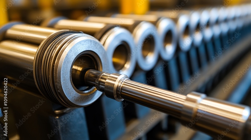 Poster close-up of a row of metallic cylinders with a threaded rod in focus