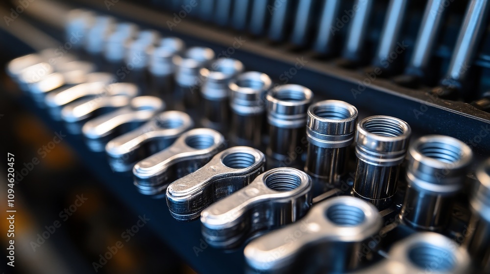 Poster a close-up view of a collection of silver socket wrenches in a black storage rack