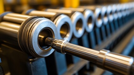 Close-up of a row of metallic cylinders with a threaded rod in focus
