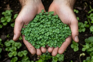 Hands cupping soil with growing micro greens in nature concept