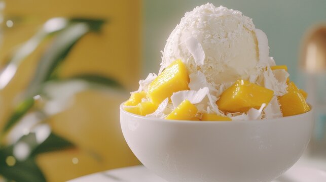 Delicious mango coconut dessert kitchen food photography bright atmosphere close-up sweet treats for summer