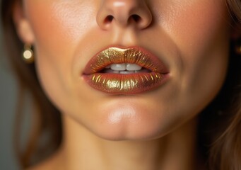 Lip art featuring metallic gold lipstick adds glamour and elegance to a beauty portrait