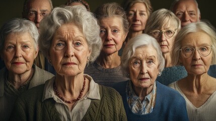 A group of older women are standing together, some wearing glasses. Scene is one of camaraderie and togetherness, as the women are posing for a photo