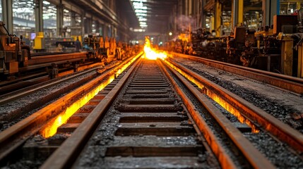 Molten Metal Flowing on Railway Tracks in a Factory
