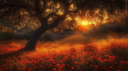 A serene autumn sunset illuminates a golden field with vibrant orange and red leaves under a large tree.