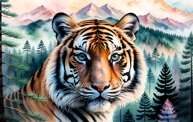 Naklejka premium Creative photo poster with double exposure with icon of tiger 