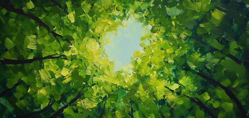 Sunlight streams through a vibrant canopy of lush green leaves, creating a breathtaking forest scene.