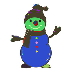 The snowman is wearing a black scarf around his neck and a black hat. He has a big smile on his face. He also has black gloves on both of his hands. He is standing on his feet.