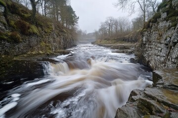 Naklejka premium A rushing river flows over a small waterfall in a rocky canyon, with trees lining the banks and a misty background.