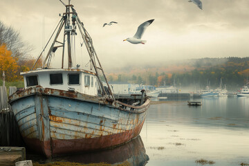 Obraz premium Old weathered ship anchored in a quiet harbor with seagulls flying overhead. Generative AI