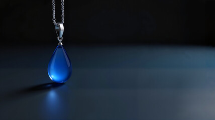 Blue teardrop pendant on a reflective surface