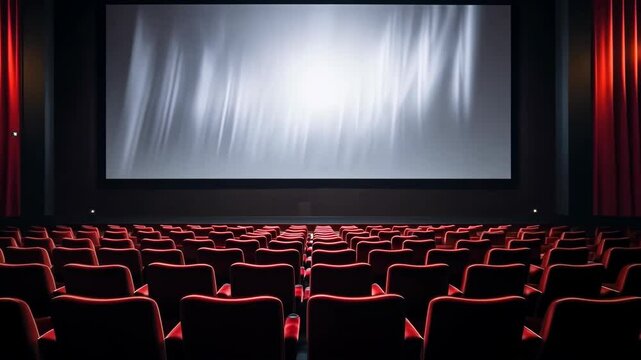 Empty cinema before the movie starts with red velvet seating and a large screen