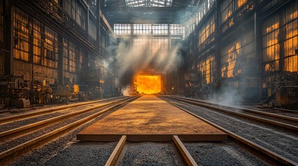 Obraz premium Industrial Interior with Glowing Furnace and Sunbeams