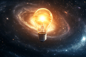 Illuminating the Cosmos: A Glowing Lightbulb in a Vibrant Galaxy. A captivating image representing ideas, innovation, and the boundless potential of the universe.