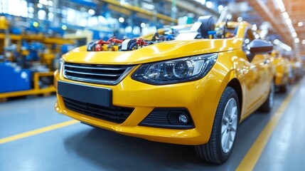 Obraz premium Yellow Car on an Assembly Line in a Factory