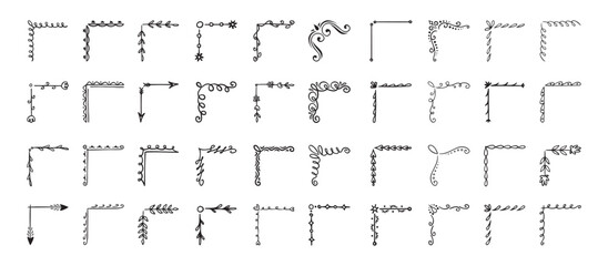 Doodle hand drawn corner border set with different shapes. Flourish, flower decoration. Isolated vector illustration for wedding, greeting banner design. sketch style Corners drawn by brush, pen.