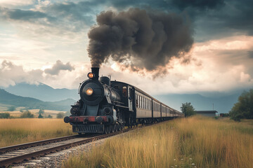 Fototapeta premium Retro train chugging along a scenic route through the countryside. Generative AI
