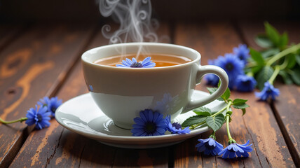 Blue teacup with steam and flowers on a wooden table