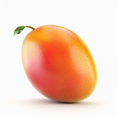 Ripe mango with a green leaf is showing its vibrant colors and texture on a clean white background