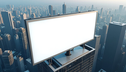 Pristine blank billboard on skyscraper rooftop with city panorama background and copy space