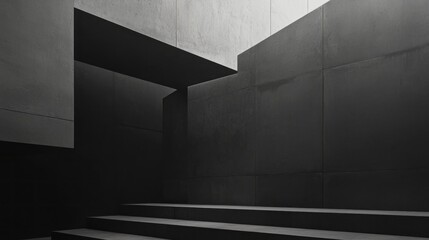 Obraz premium Minimalist architectural design with dark concrete walls, sharp angles, and clean lines. Dramatic light enhances depth and geometry. AI generative.