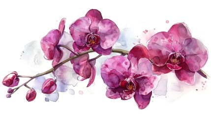 Watercolor botanical illustration of a pink orchid isolated on a transparent background.